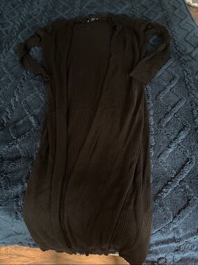 Express Long Black Ribbed Open Front Cardigan small